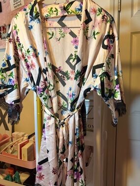 PINK Victoria's Secret Cream Satin Floral Robe with Black Lettering